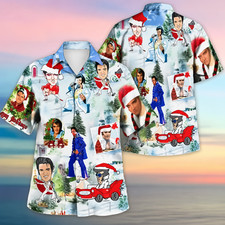 Elvis Presley Christmas Hawaiian Shirt Winter Santa Hat Blue Mens Wear DUTY PAID