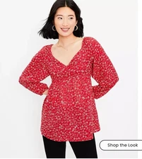 NWT LOFT Heart Cinched Sweetheart Neck Blouse Women’s Size 12 Tango Red MSRP $64