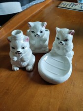 Vintage Ceramic Cat Soap Dish, Toothbrush Holder, And Soap Bottle