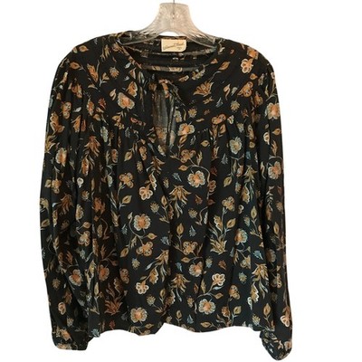 Universal Thread Blouse Womens Large Peasant Floral Gray Orange Aqua Long Sleeve