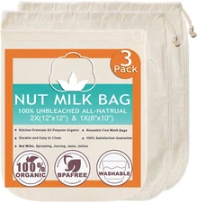 Nut Milk Bag Cloth Strainer for Food, 3 Pack 12" (2 of 12"X12" + 1 of 10") Organ