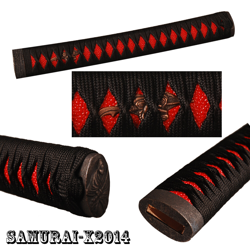 Wooden Handle Tsuka Red Rayskin Black Silk Ito Alloy Kashira for