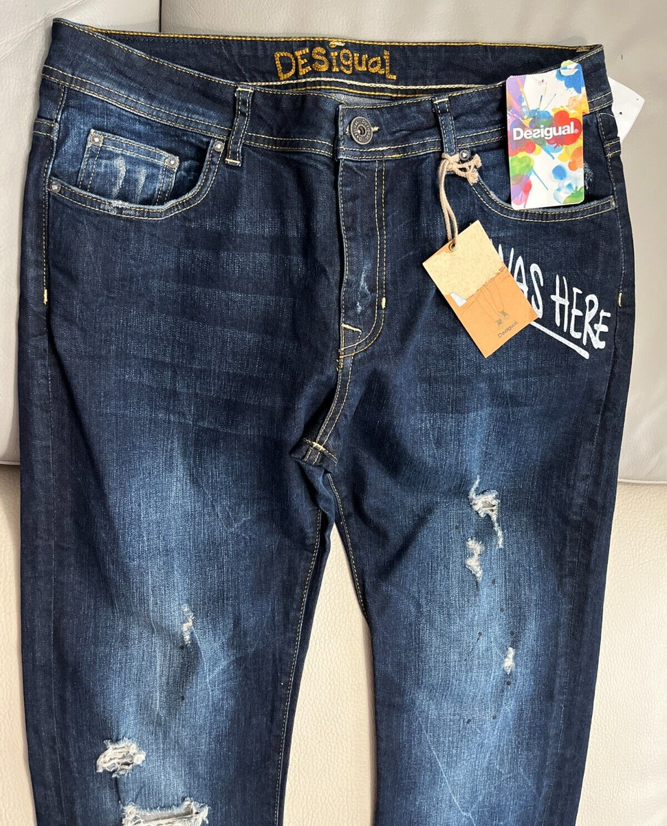 Desigual Men's Handwritten Text Ripped Straight Jeans Size 34