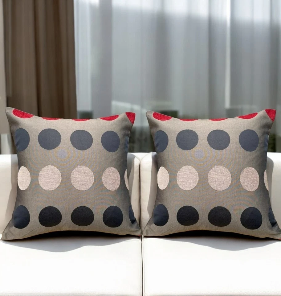 Set of 4 Polka Dots Cushion Covers Brown, Red, Beige 18x18"/45x45cm Zipped Soft - Image 3 of 4