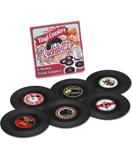 Confezione Set 6 Sottobicchieri ROCKABILLY Rockin' Drink Antiscivolo Vinile Dischi Nuovi - Foto 1 di 8
