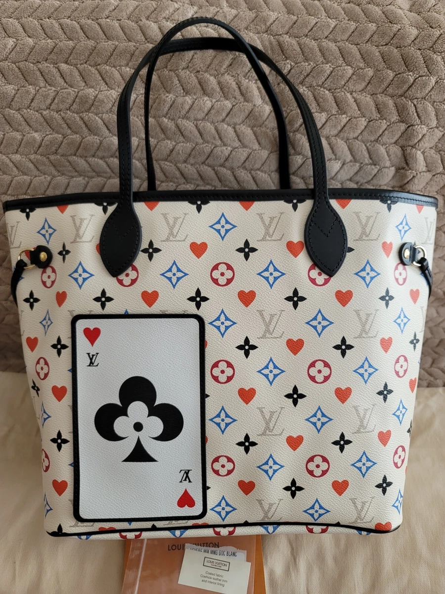 Louis Vuitton White Monogram Canvas Game on Neverfull mm and Pouch with Gold Tone Hardware (Like New), Patterned/White Womens Handbag