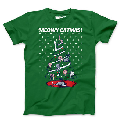 Mens Meowy Christmas Funny Cat Dad Ugly Sweater T shirt Adult Humor Sarcastic
