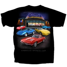 Corvette Showroom America's Sport Car Black Tee T-Shirt L Back Graphic