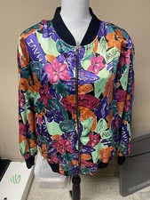 VTG Stefano World Wide Bright Colorful Tropical Satin Bomber Jacket Size L