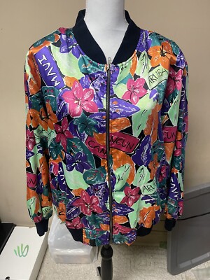 VTG~ Stefano World Wide Bright Colorful Tropical Satin Bomber Jacket Size L