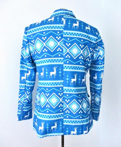 Kitchy Blue White Snowflake Reindeer Winter Holiday Novelty Blazer Jacket M 40 - Picture 5 of 7
