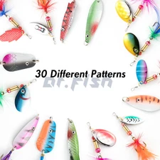 Dr.Fish 30X Bass Fishing Lures Kit Trout Spinner Salmon Spoon Roostertail Hooks
