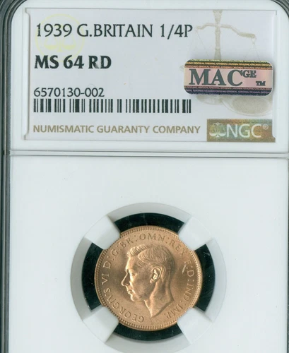1939 GREAT BRITAIN FARTHING NGC MS64 RD PQ MAC SPOTLESS  *