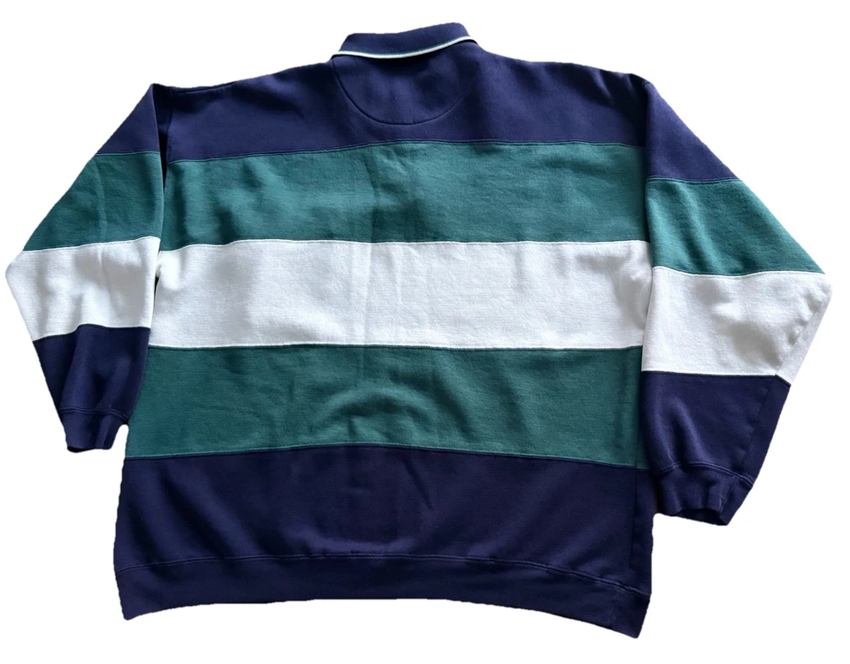复古 Penguin 运动橄榄球衬衫 尺寸 XL 海军蓝 蓝绿色条纹 L/S Y2K 套衫 Polo — 第 2/4 张图片