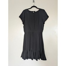 LOFT Black Flutter Sleeve Dress Medium Tie Waist Ruffle Hem