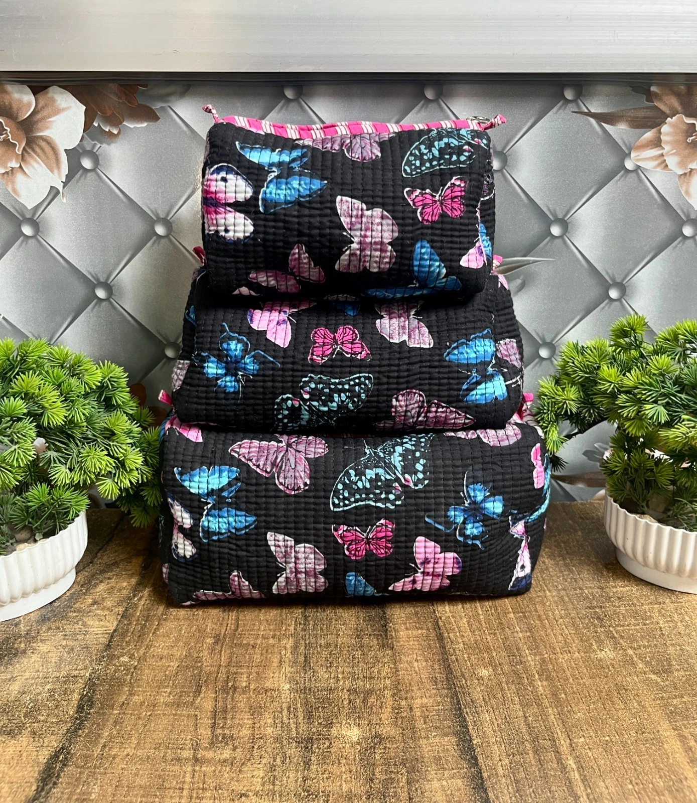 Indian Cotton Butterfly Toiletry Bag Unisex Makeup Bags Waterproof 3 Pcs. Set US