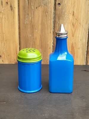 70er Jahre Vintage Gemco MCM Speisekammer Pops blau Glas Salz und Zuckerstreuer