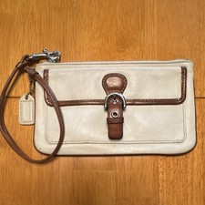 Vintage Coach Ivory  Brown Signature Wristlet Wallet, Zip Wrist Strap