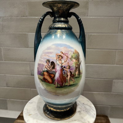 Antique Victoria Romantic Angelica Kaufmann Handled Vase Teal /Gold 13.5'' cracks