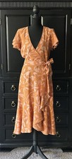 a.new day Orangey Peach Pink Floral Ruffle Faux Wrap Belted Midi Dress Size S