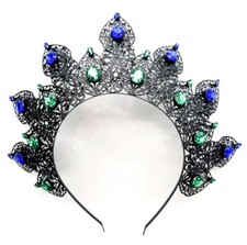 Metal Flower Tiara Black - Blue Green Stones - Costume Accessory - One Size