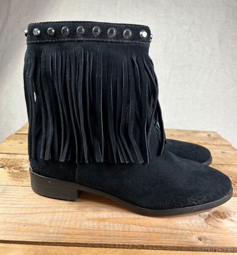 Michael Kors Billy Fringe Studded Black Suede Boho Moto Boots Size 7