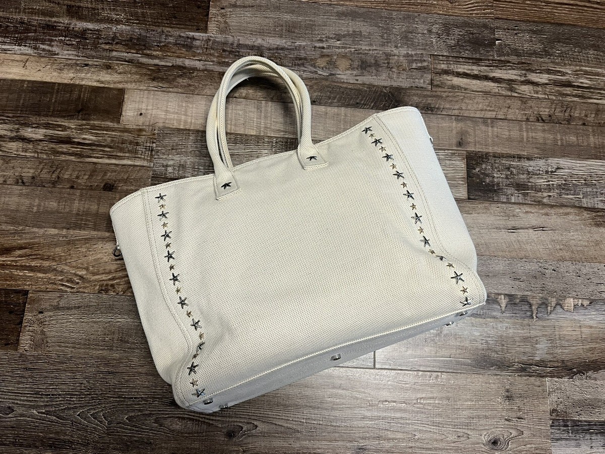 LN EUC JIMMY CHOO $1,200 Ivory Beige Canvas Tote Star Studs