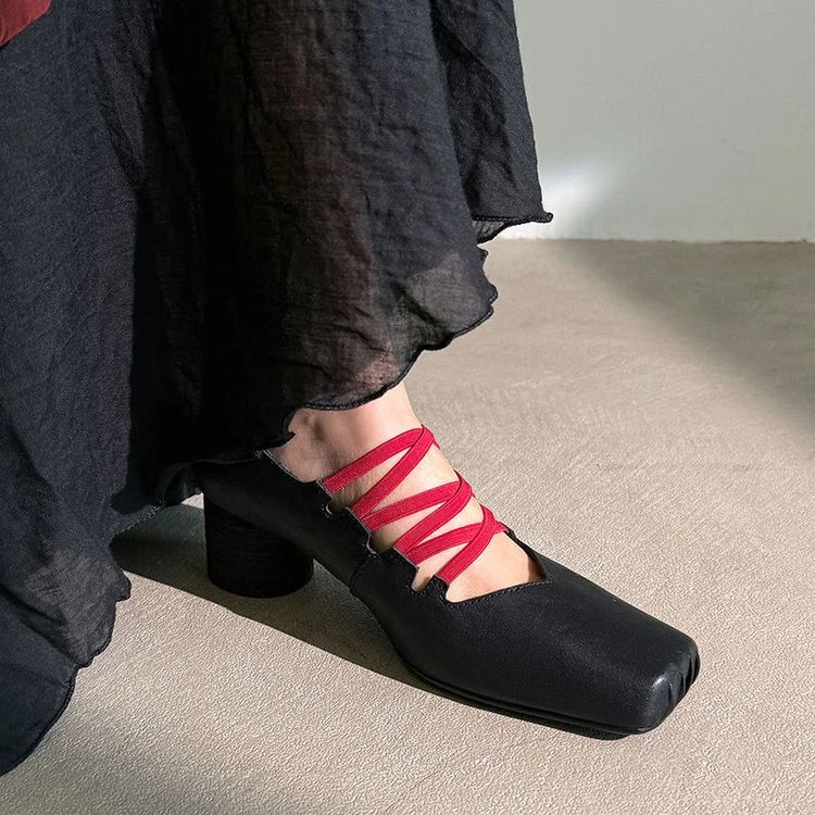 Женщин моды кожаный квадратный носок шнурует вверх эластичный блок каблук Mary Jane туфли KKG - Изображение 2 из 4