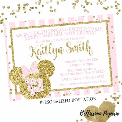 pink and gold minnie mouse baby shower invitations