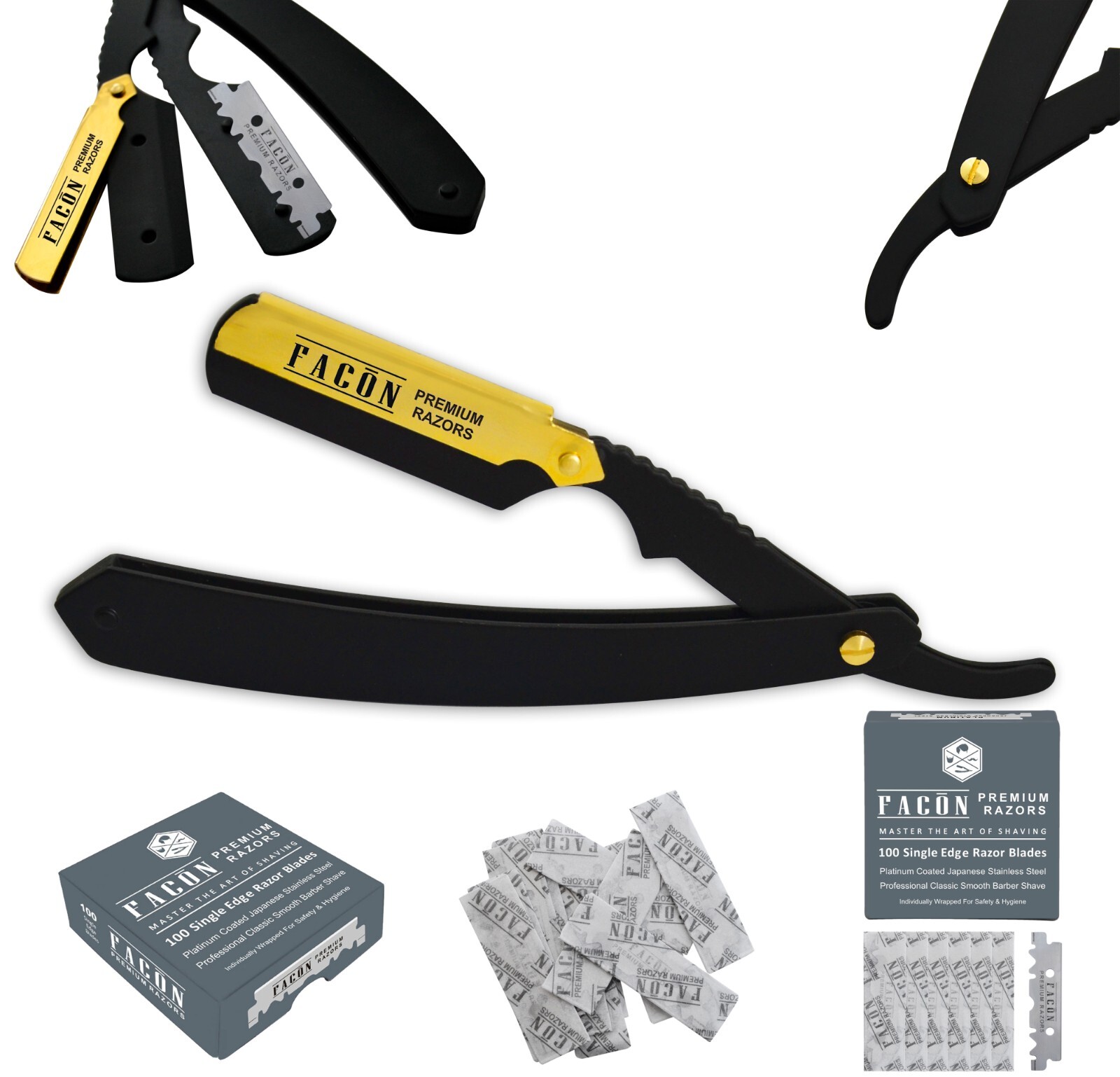 100 BLADES + CLASSIC STAINLESS STEEL STRAIGHT EDGE BARBER RAZOR SALON