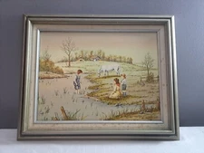 C. Carson Oil Painting Kids Fishing In The Creek And White Horse 16x12