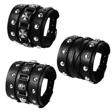 Mens Punk Wide Skull Cross Braided PU Leather Bracelet Adjustable Cuff Wristband
