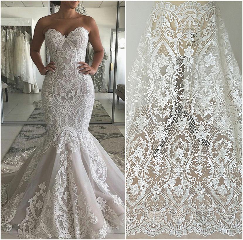 lace material for wedding dress Luxury Beaded Flower Bridal Lace Fabric