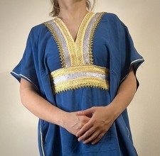 Blue Royal Indigo Moroccan Cotton Blend Kaftan Dress with Gold and Silver Trim