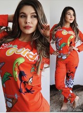 Looney Tunes Women's Red Graphic Print Pajama Set Bugs Bunny Daffy Duck