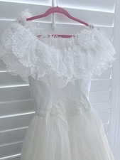Vintage Wedding Bridal Dress Ruffle Neckline Lace Beaded Frilly Sheer Satin