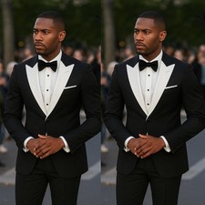 Black Men's Suits Peak Lapel Formal Business Wedding Groom Tuxedo Coat Pant 2pcs