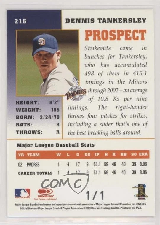 2003 Donruss Champions 1/1 Dennis Tankersley #216 1f1 - Image 2 of 3