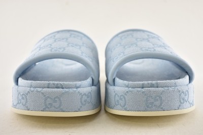Gucci Light Blue GG Monogram Logo Canvas Mule Flat Slide Platform