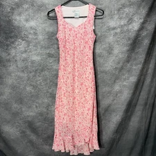 Y2K Dressbarn Pink Floral Midi Dress Womens Size 4 Fairy Sweetheart Neck Ruffle