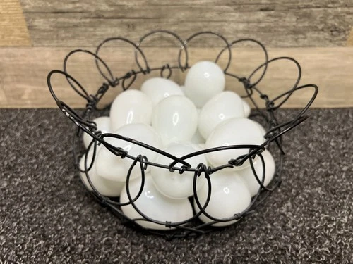 Vintage White Hand Blown Milk Glass Eggs Lot of 20 in Wire Basket