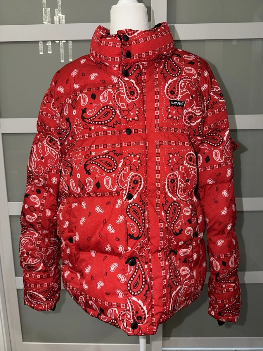 Levi's Men's Puffer Jacket Red Bandana Sherpa Collar Western Size (LARGE)
