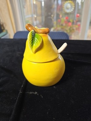 Ceramic Pear Sugar Bowl with Spoon Vintage 5'' Tall X 3 3/4'' Width