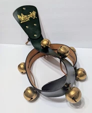 Vintage Sleigh Bells Door Hanger 40" X 2" Leather Strap 8 Brass Bells Decorative