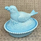 Vintage Bird Robin On Nest Holding Berry Light Blue Milk Glass Summit Art Glass