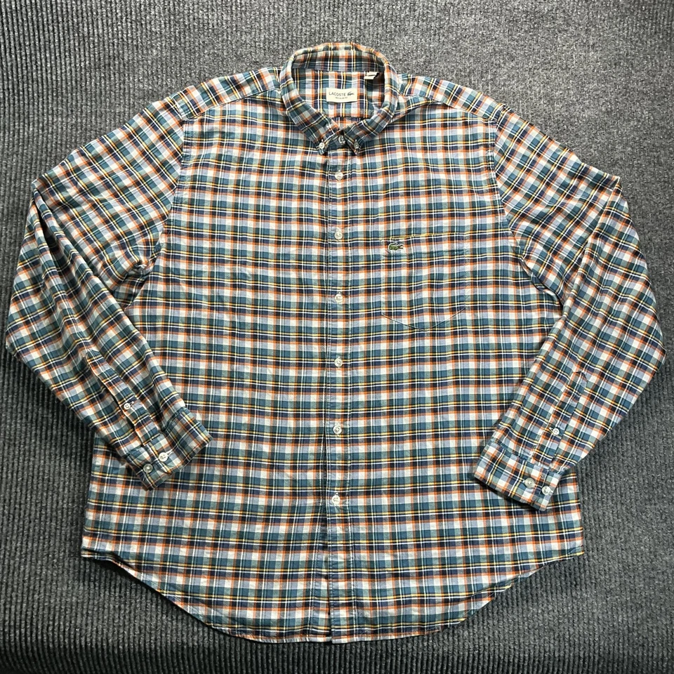 Lacoste Shirt Mens 2XL Blue Orange Plaid Regular Fit Button Down Long Sleeve - Image 2 of 4