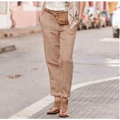 Sundance Womens 6 Tan Linen Blend Relaxed Fit Roll Tab Cuffs Organia Lace Pants