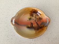 NORITAKE ANTIQUE HAND PAINTED BOWL WITH HANDLES —WINDMILL BY THE LAKE