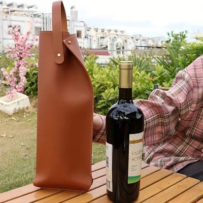 NEW| 1pc Brown Stylish Faux Leather Wine Carrier Bag Holder with Snap Closure