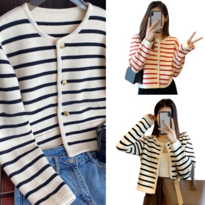 Women Button Down Short Sweater Cardigan Striped Long Sleeve Loose Knitwear Coat